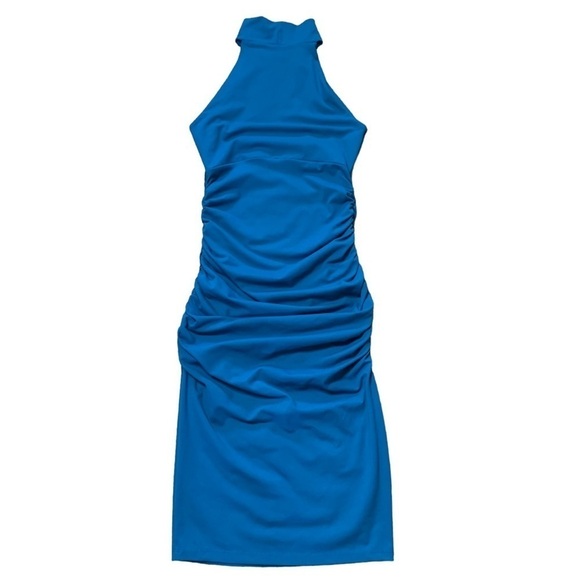 Susana Monaco x Revolve NWT Ruched Mock Neck Halter Dress Color Teal Size Medium - Picture 2 of 12